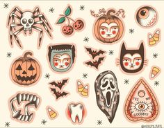 an assortment of halloween stickers on a white background with pumpkins, bats and cats