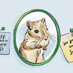 a drawing of a hamster looking at its own self in a mirror with notes attached to it