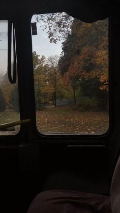 the view from inside a vehicle looking out at an open field with trees and leaves