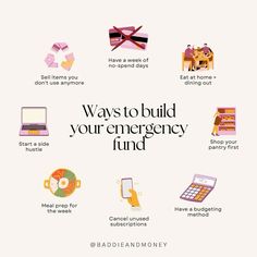 an advertisement with the words, ways to build your emergency fund and other things on it