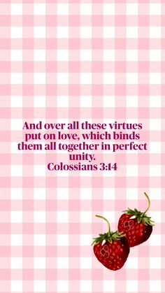 two strawberries on a pink and white checkered tablecloth with the words colossians