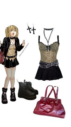 leopard print misa amane inspired fit <3 Japan Outfits, Black Knit Sweater, Edgy Outfits, Dark Fashion