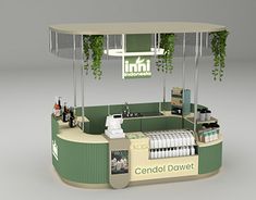 an outdoor food stand with plants growing on the roof and hanging from the ceiling, in front of a gray background