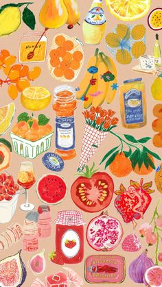 a painting of various fruits and vegetables on a pink background