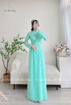 🌻Material: Lace and silk , double layers Stretchy level: 1/10 🌻 The measurement of this ao dai (long dress) is in Vietnamese size (American size tends to be bigger for the same size). Please LOOK AT THE SIZE CHART CAREFULLY BEFORE ORDERING. There might have some chalk writings on the fabric due to making process. These marks can be washed away easily. 🌻🌻No returns or exchanges Buyer can contact seller about any issues with an order. 🌸 Follow us Facebook/aodaiemily www.aodaiemily.com 💜 Than Spring Banquet Long Maxi Dress, Elegant Ao Dai For Spring Wedding, Green Spring Wedding Cheongsam, Spring Wedding Green Cheongsam, Elegant Wedding Ao Dai For Spring, Green Cheongsam For Wedding, Fitted Long Sleeve Ao Dai For Banquet, Fitted Long Sleeve Ao Dai For Banquets, Spring Evening Ao Dai With Long Sleeves