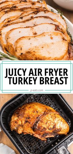 air fryer turkey breast in the air fryer basket and sliced on a plate Turkey Thighs In The Air Fryer, Air Fryer Turkey Thighs, Turkey Thigh, Quick Turkey, Butterball Turkey, Turkey Thighs