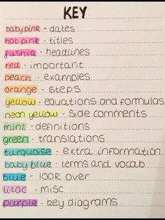 the words are written in different colors on a piece of paper that says, key