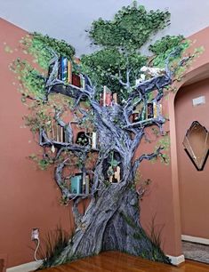 a tree with bookshelves in the middle of it on a wall next to a wooden floor