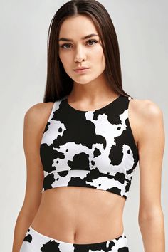 Te Amo MOO-cho Starla White & Black Sporty Crop Top Sports Bra - Women - Pineapple Clothing High Stretch Sports Crop Top With Built-in Bra, Sporty Cropped High-stretch Sports Bra, Sporty Moisture-wicking Crop Top Sports Bra, Sports Crop Top With Built-in Bra In Cotton, Compressive Black Crop Top Sports Bra, Mommy And Me Swimwear, Sporty Crop Top, Sport Bikinis, Girls Lace Dress