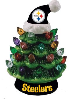 a glass christmas tree ornament with a pittsburgh football hat on top