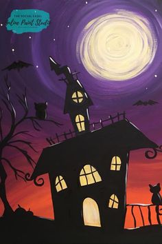 an acrylic painting of a house at night with bats flying in the sky