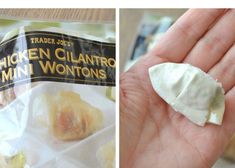 a hand holding a bag of chicken cllantro wontons in it's palm