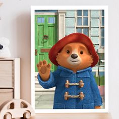 a painting of a teddy bear wearing a red hat and blue coat with his hand up