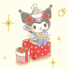 a cartoon character sitting on top of a gift box