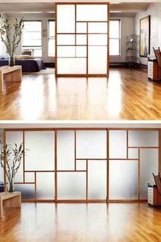 three different views of a living room with wood flooring and white walls, including the windows