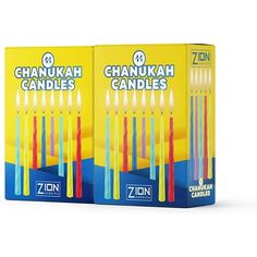 two boxes of candles are shown in the same color as each one is yellow and blue