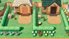 an animal crossing game is shown in the middle of a field with houses and flowers