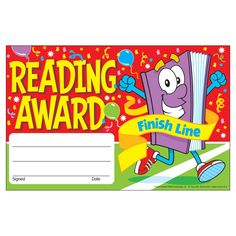 the reading award certificate is shown with an image of a cartoon book character on it