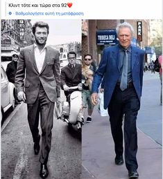 two men in suits walking down the street and one is wearing a blue suit with black shoes