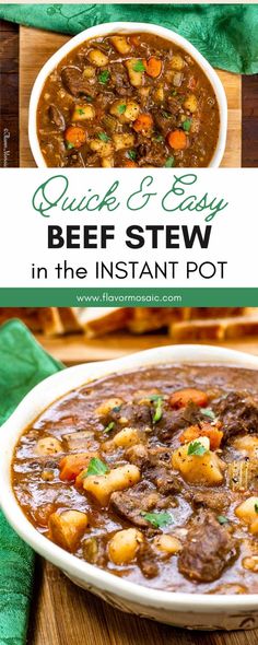 beef stew in the instant pot with text overlay