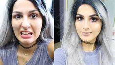 two different pictures of a woman with grey hair