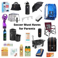 many different items are grouped together to form a collage with the words soccer must haves for parents