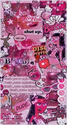 a collage of pink stickers and other items