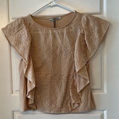 Brand: Zara Condition: New With Tag Size: Small Color: Beige Embroidered Front, Solid Back. Zara Brown Blouse For Spring, Brown Zara Blouse For Summer, Zara Ruffle Top, Black Silk Blouse, Denim Corset Top, Zara Bodysuit, Lace Corset Top, Zara T Shirt, Cap Sleeves Blouse