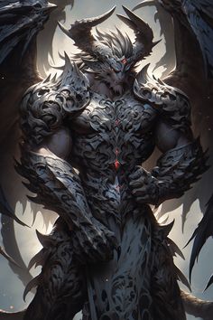 an illustration of a demonic creature with wings on his chest and two hands on his hips