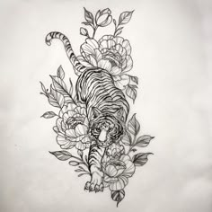 a black and white drawing of a tiger surrounded by flowers