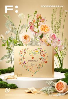 an advertisement for food photography with flowers in the background and a card on top that says i love you