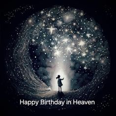 a person standing in front of a fireworks background with the words happy birthday in heaven