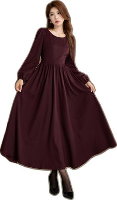 Fit And Flare Formal Dress For Fall, Modest Long Sleeve Dress For Fall, Winter A-line Solid Color Maxi Dress, Elegant A-line Winter Maxi Dress, Elegant A-line Burgundy Dress, Elegant Burgundy A-line Dress, Solid Color Formal Maxi Dress For Fall, Modest A-line Maxi Dress For Fall, Formal Long Dress For Winter