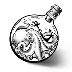 an octopus in a bottle with a pirate ship on it's back and the words,