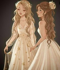 two girls dressed in wedding gowns, one wearing a tiara and the other with long hair