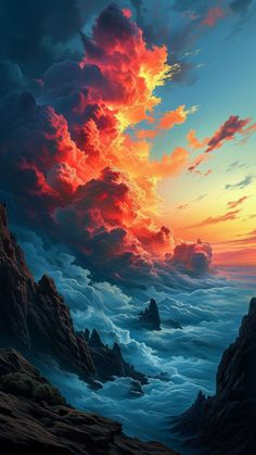 an image of a sunset over the ocean with clouds and rocks in the foreground