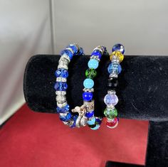 Lovely 3 beaded stretchy bracelets with a variety of different colored beads, separated by silver beads and clear rhinestones. Wedding Bracelets, Green Jewelry, Wedding Jewelry Bracelets, Stretchy Bracelets, Vintage Bracelets, Wedding Bracelet, Clear Rhinestones, Silver Beads, Lincoln