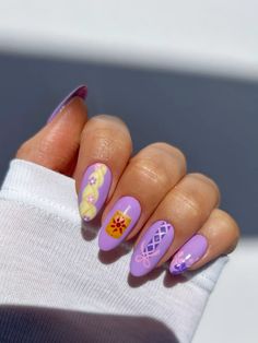 Nude builder gel with purple disney princess Rapunzel design. The prettiest princess nail art! Check out my instagram for more inspo ✨ Disney Nail Art Princess, Disney Nails Long Acrylic, Aesthetic Disney Nails Short, Princess Nails Design, Disney Rapunzel Nails, Disney Princess Acrylic Nails, Rapunzel Acrylic Nails, Disney Snack Nails, Disney Gel Nails Ideas