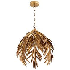 a chandelier made out of wood and metal with leaves hanging from the ceiling