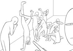 black and white drawing of people dancing in a room with mirrors on the wall behind them