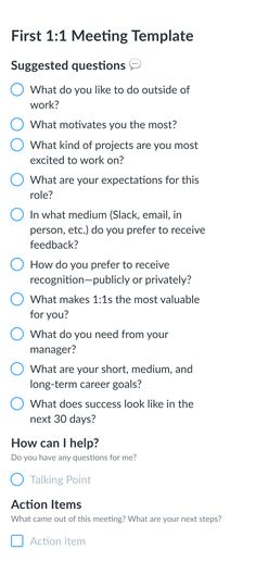 the first meeting checklist is shown with question marks on it and an arrow pointing up to