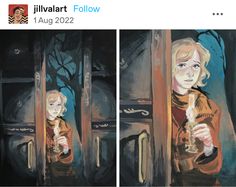 two paintings of a girl holding a candle in front of her face and looking out the window