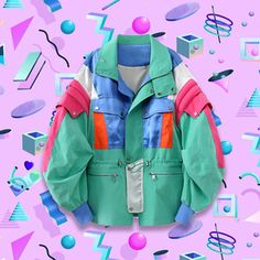 Shop - Women's Retro Future Fashion, Oversized Cardigan Pattern, Cool Windbreakers, Colorful Streetwear, Colorful Jacket, Camping Style, Queer Fashion, Drawing Clothes, Retro Color