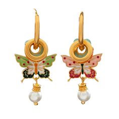 two pairs of butterfly earrings with pearls on each earring, one in gold and the other in multicolored enamel