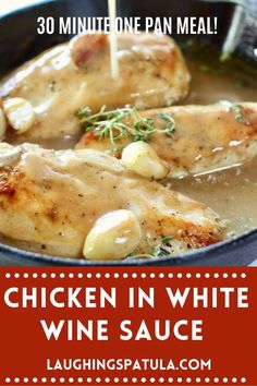 chicken in white wine sauce with text overlay