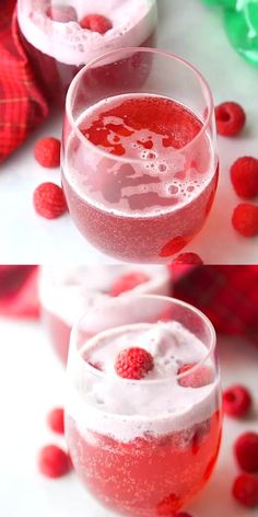 two glasses filled with liquid and topped with raspberries