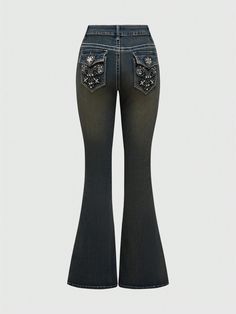 Subculture Vintage Distressed Cross Embroidery Slim Fit Women Flared Jeans Blue Casual   Denim Graphic,Plain,All Over Print Flare Leg Medium Stretch  Women Clothing, size features are:Bust: ,Length: ,Sleeve Length: Punk Subculture, Jeans Embroidery, Silly Clothes, Womens Flare Jeans, Cross Embroidery, Kawaii Stuff, Effortless Hairstyles, Womens Tie, Women Denim Jeans