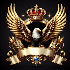 an eagle with a crown on it's head is surrounded by gold wings and jewels