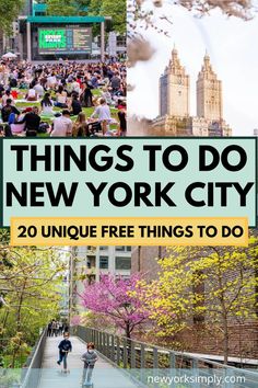 the new york city skyline with text overlay that reads things to do in new york city 20 unique free things to do