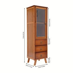 a tall wooden cabinet with drawers and measurements